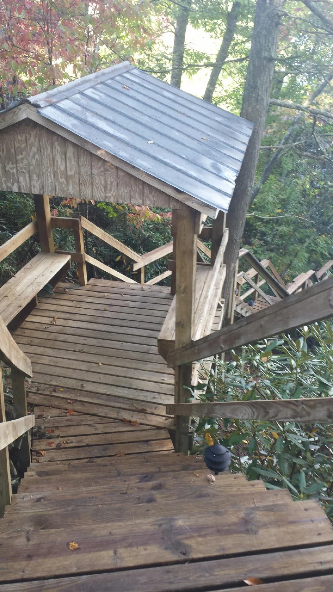 Metal roofed shelter over wooden steps on a wooded walkway — Skylight Repair & Installation work by our crew in Dry Run